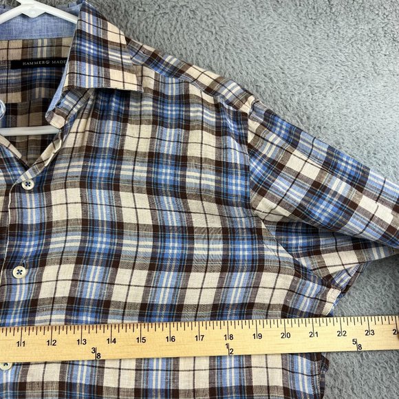 Hammer Made Men Plaid Long Sleeve Button Up Linen Shirt Size 38/15 - Picture 5 of 8